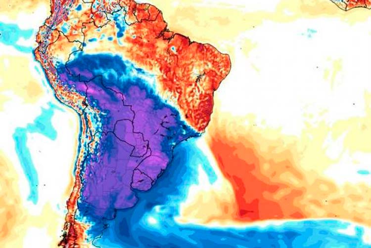No mapa, a cor roxa mostra a área em que a temperatura cai durante a semana | Imagem: MetSul Meteorologia / Divulgação
