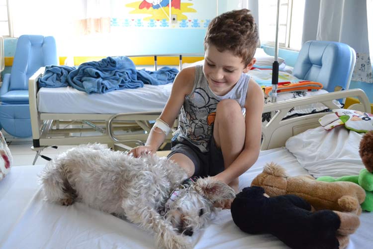 Cauã, de sete anos, recebe visita da cadelinha Berenice | Foto: Mirella Guedes/Ascom Udesc 